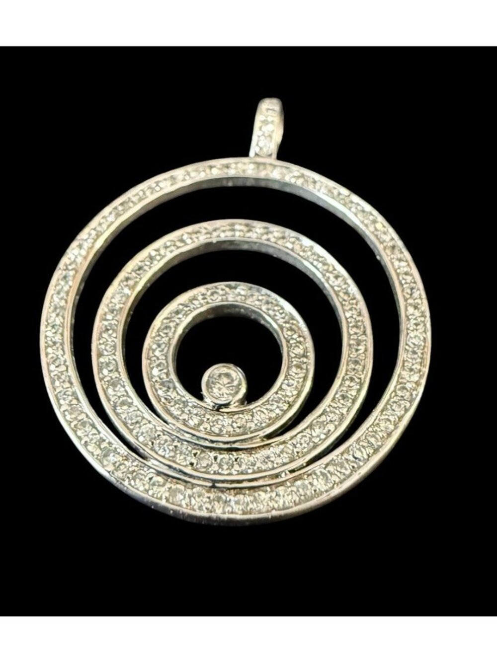 925 Sterling Silver Pave Clear CZ Ripple Circle Pendant Vintage